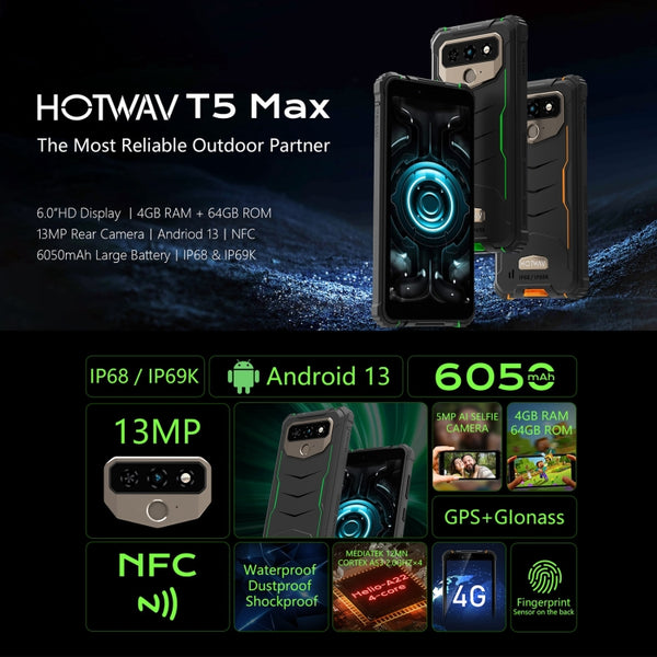 HOTWAV T5 MAX Móvil Resistente 2023 Android 13 Teléfono Moviles  Indestructible, 6''HD 6050mAh Movil Rugerizado IP68 4GB+64GB 1TB Expandible  13MP NFC