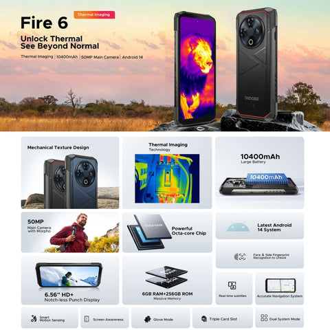 DOOGEE Fire 6 Rugged Phone Dual SIM Thermal Imaging Camera 6GB+256GB