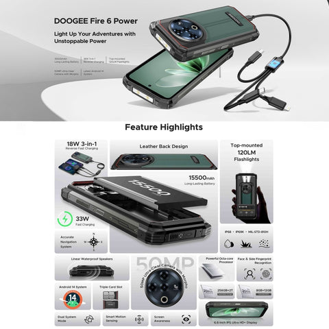 DOOGEE Fire 6 Power Rugged Phone Dual SIM 8GB+256GB